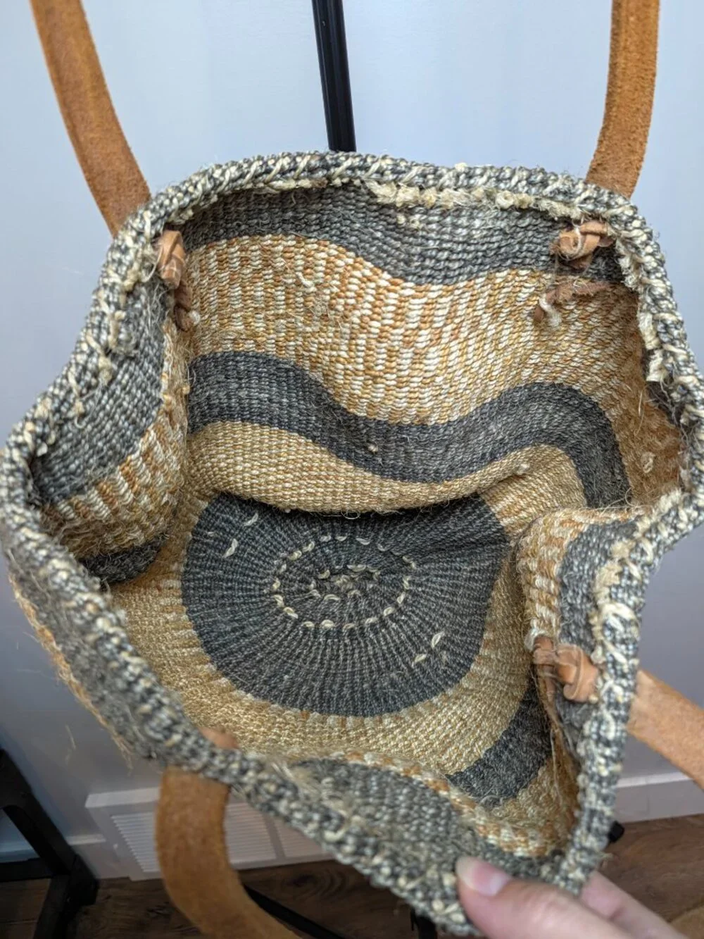 Vintage Sisal Market Bag African Boho Jute Striped Leather Straps Bucket Tote